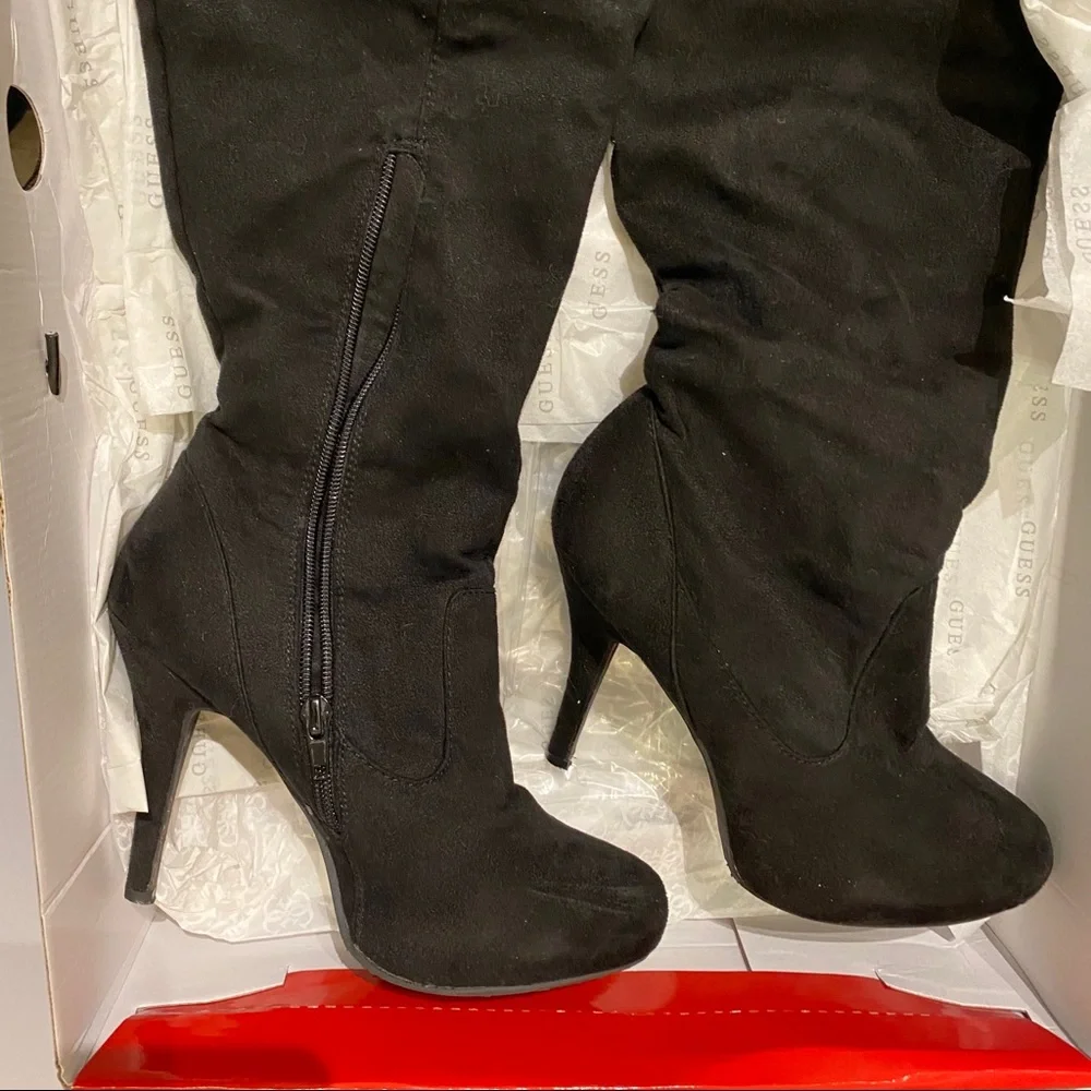 Bamboo Thigh High Boots Suede Booties Tie‎ Black 7